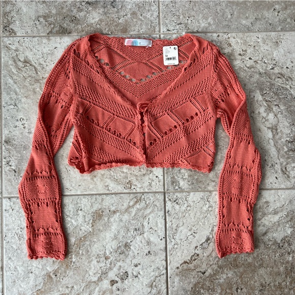 Free People Beach NWT Morgan Fauxchet Knit Tie Front Cardigan in Coral Orange, M - Picture 13 of 14